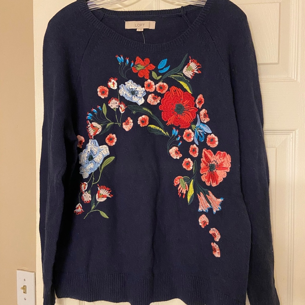 NWT Loft Navy Floral Embroidered Sweater